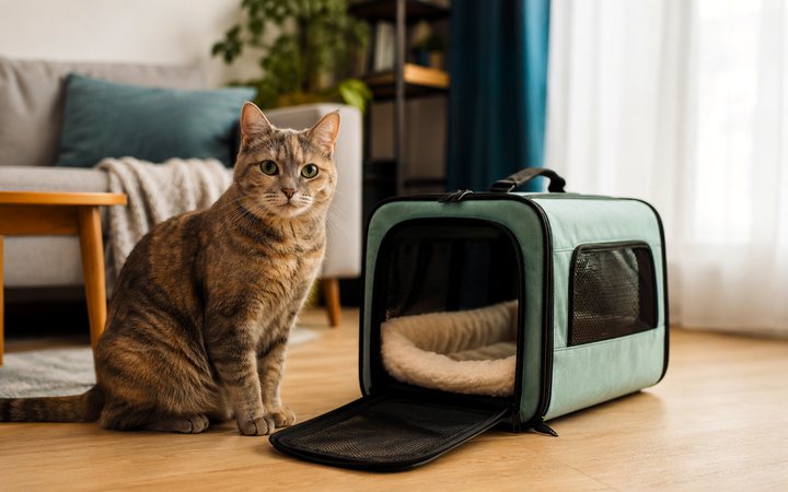A calm cat beside an open soft-sided carrier
