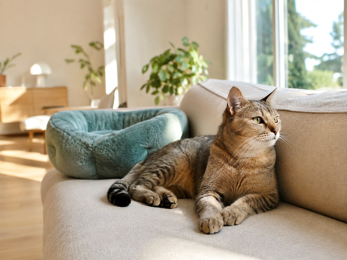 A relaxed tabby cat lounging at home